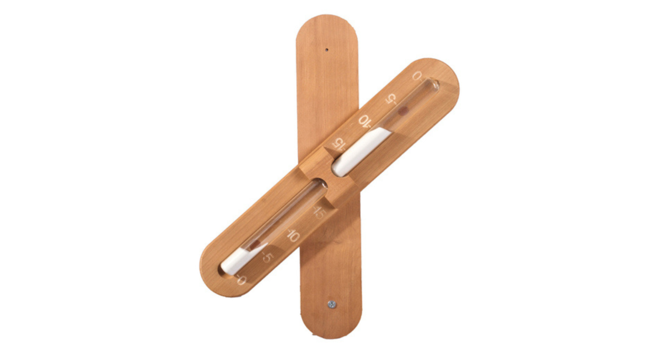 Wall-mounted wooden sauna sand timer with 15-minute markings and heat-resistant glass