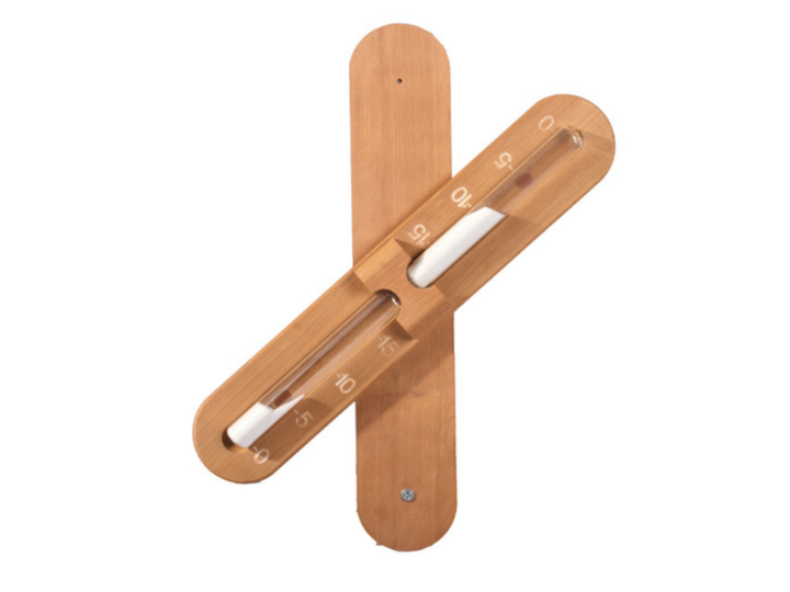 Wall-mounted wooden sauna sand timer with 15-minute markings and heat-resistant glass