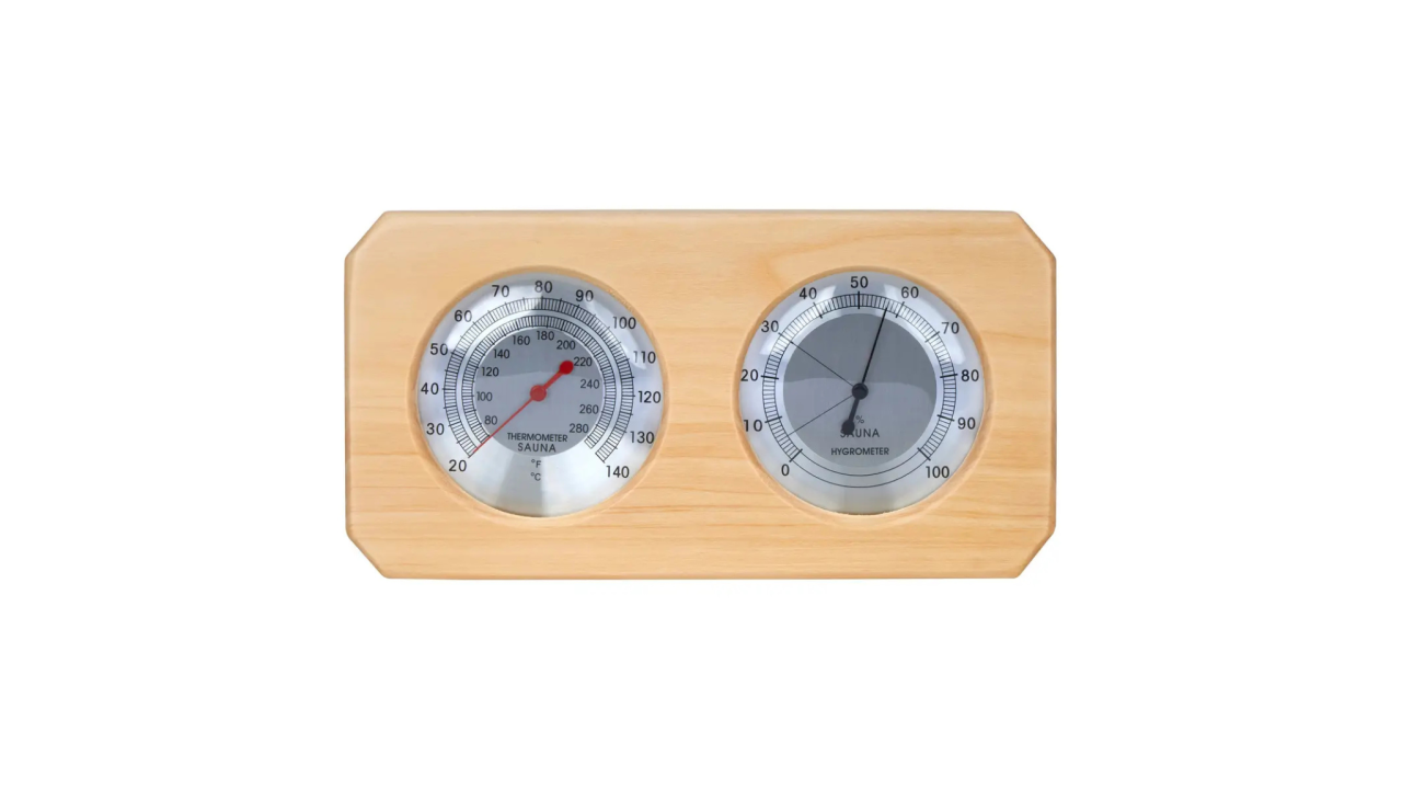Wood-mounted sauna thermometer and hygrometer set with dual round dials for heat and humidity control