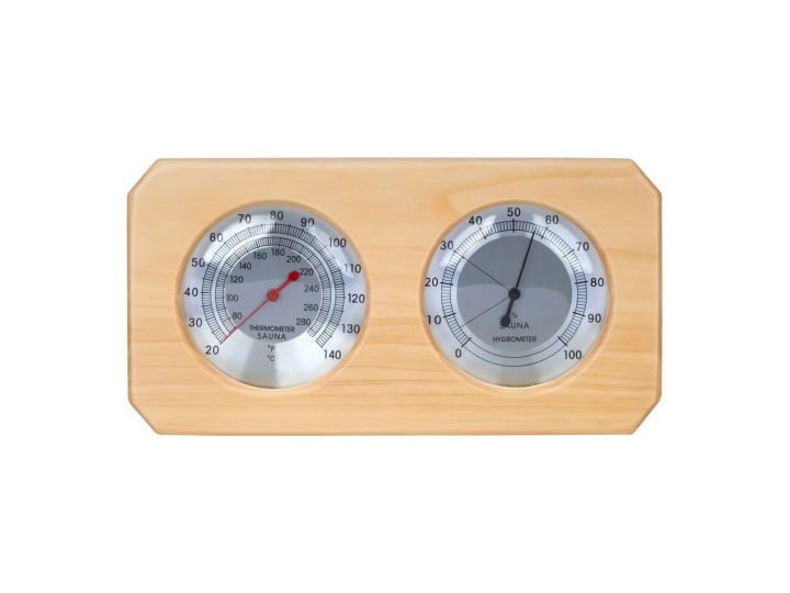 Wood-mounted sauna thermometer and hygrometer set with dual round dials for heat and humidity control