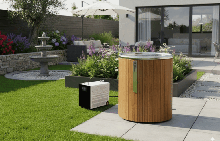 Outdoor cold plunge tub with chiller on a modern garden patio