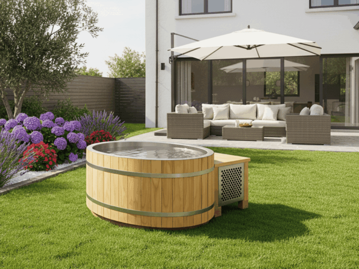 Outdoor wooden cold plunge tub with integrated chiller cabinet in a landscaped garden beside a modern home