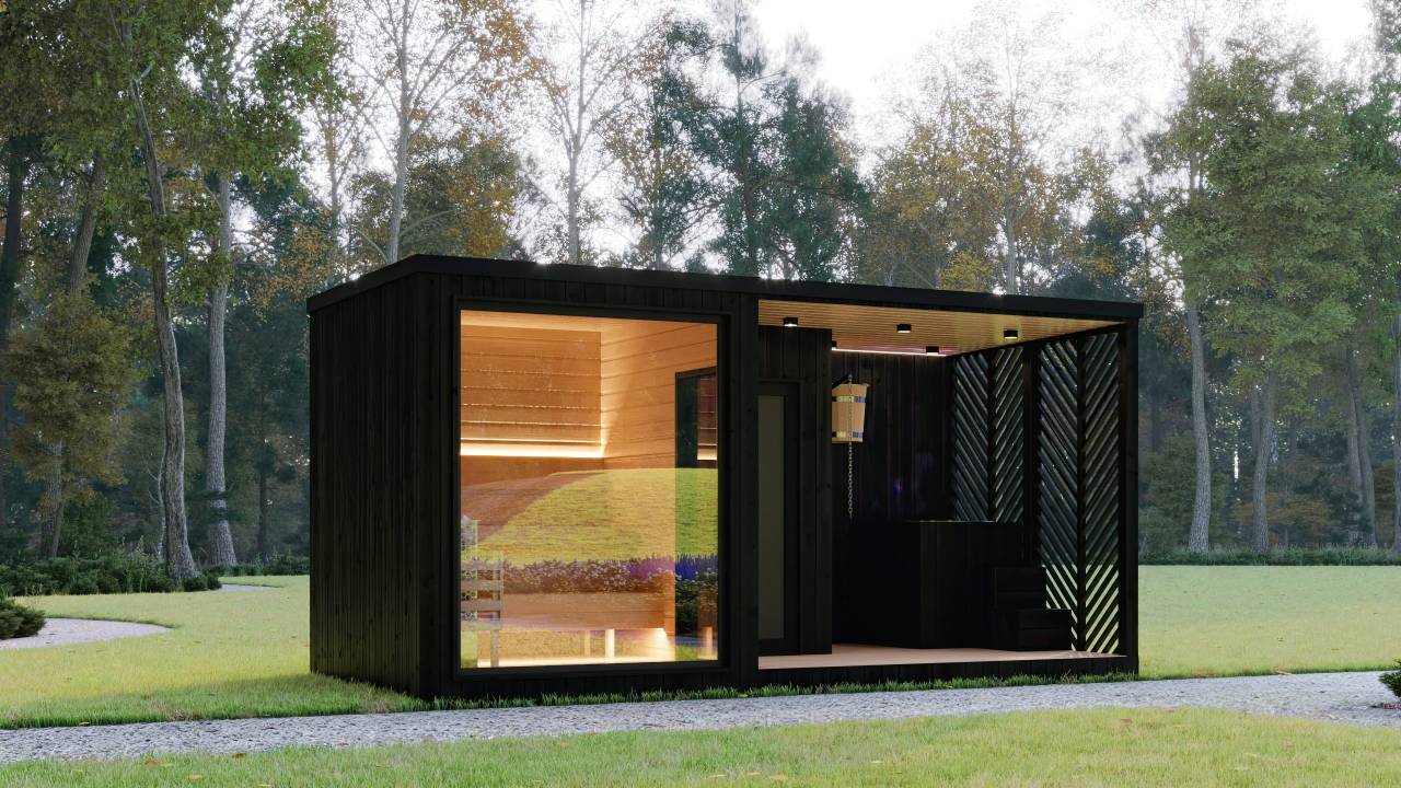 Modern mini outdoor sauna with glass front and dark wood exterior, set in a green garden