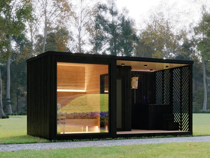 Modern mini outdoor sauna with glass front and dark wood exterior, set in a green garden