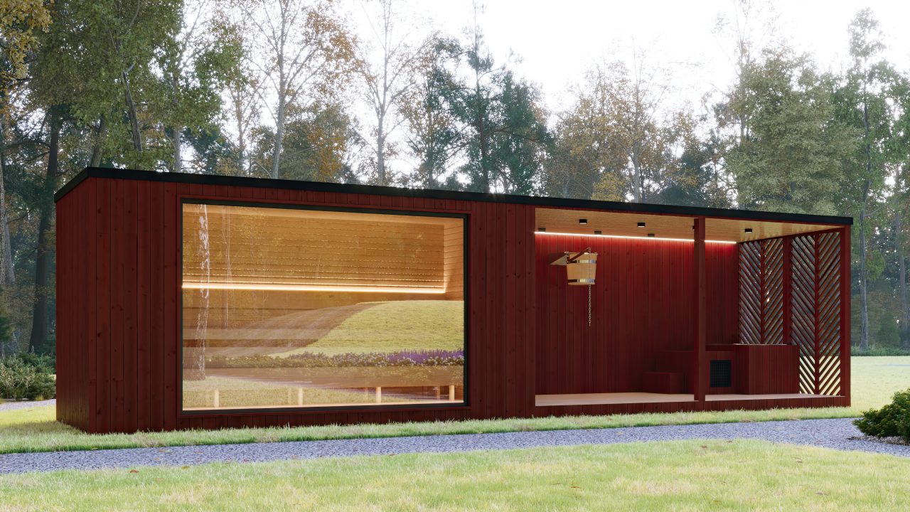 Elegant timber outdoor sauna with ice bath zone and wide glass front, blending into a peaceful garden landscape