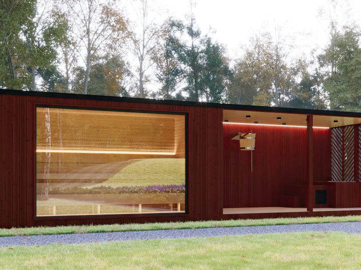 Elegant timber outdoor sauna with ice bath zone and wide glass front, blending into a peaceful garden landscape