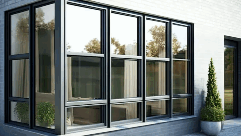 Contemporary aluminium glass window system with black frames, large reflective panes, and a potted plant beside a light brick wall facade