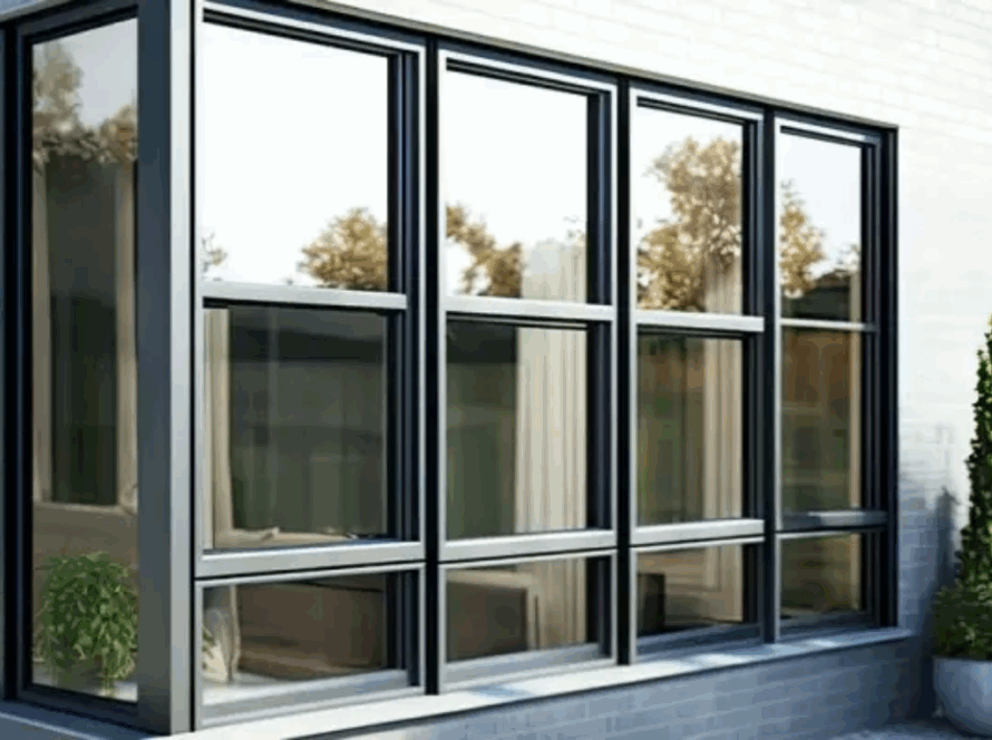 Contemporary aluminium glass window system with black frames, large reflective panes, and a potted plant beside a light brick wall facade