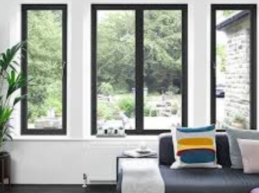 Living room with black aluminium windows overlooking a green garden, combining style and modern functionality.