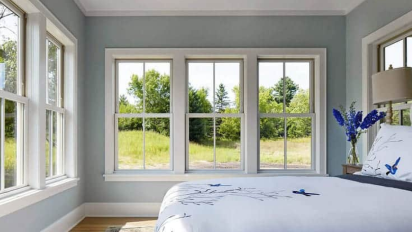 Interior view of a bright bedroom featuring classic double hung aluminium windows with white frames, overlooking a lush green landscape.