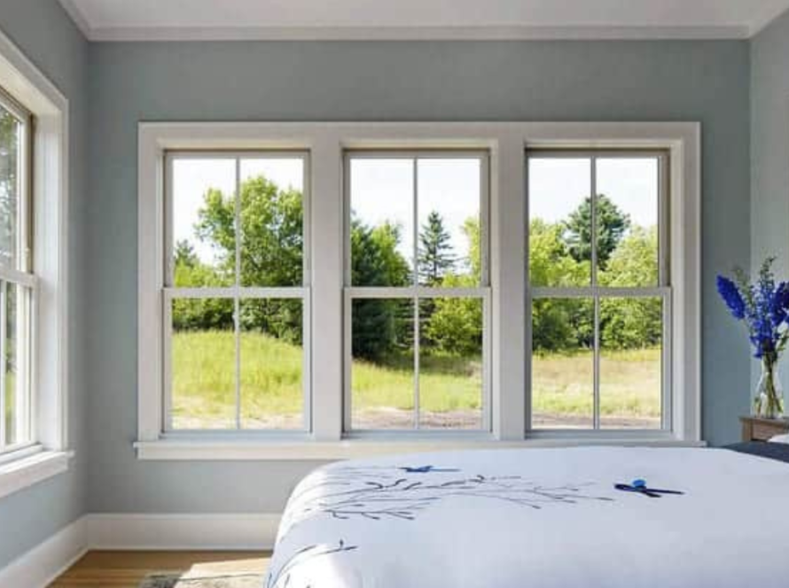 Interior view of a bright bedroom featuring classic double hung aluminium windows with white frames, overlooking a lush green landscape.