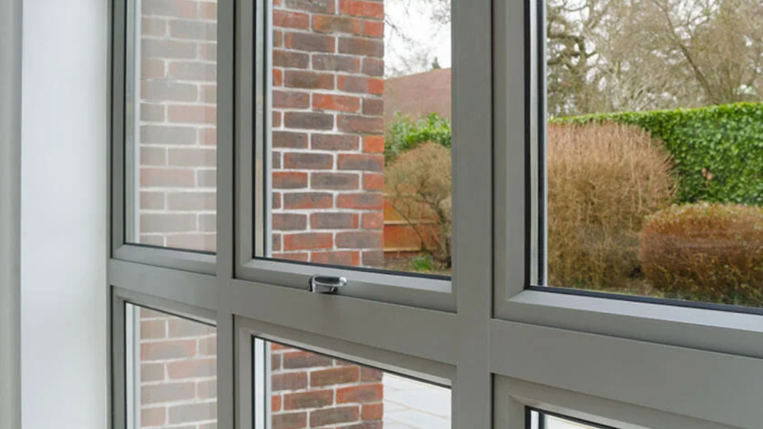 Close-up of grey powder coated aluminium windows framing a garden view, blending modern design with durability.