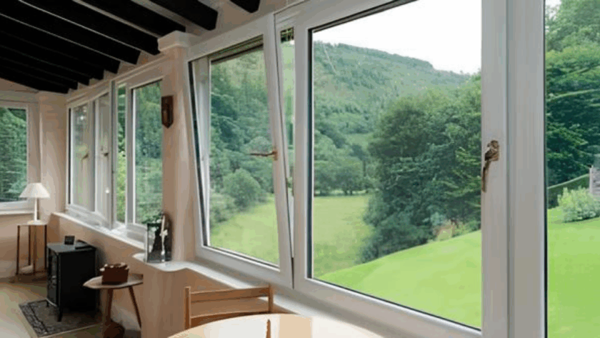 Outward opening tilt and turn windows installed in a cozy living room overlooking a lush green landscape