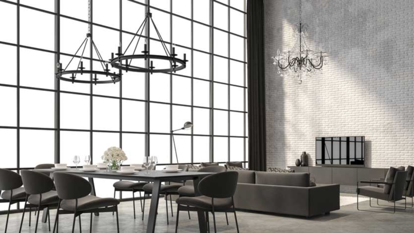 Modern living room featuring aluminium steel windows with sleek, industrial design