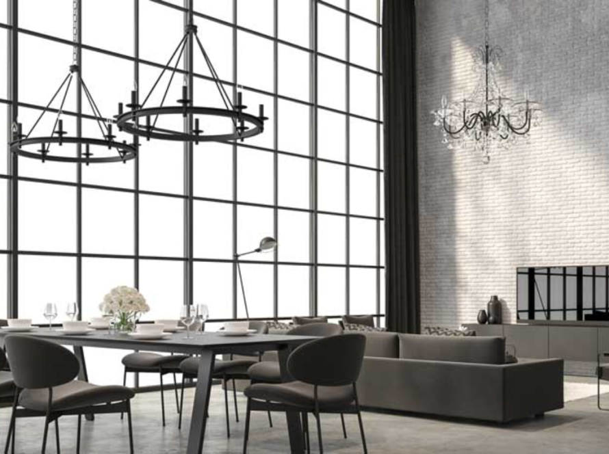 Modern living room featuring aluminium steel windows with sleek, industrial design