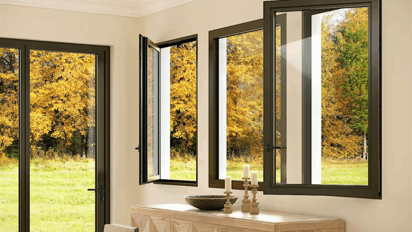 Tilt and turn double glazing windows with dark aluminium frames, partially open to reveal autumn landscape, blending energy efficiency with interior elegance
