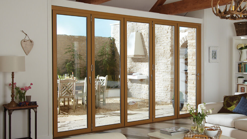 Elegant room featuring wood effect aluminium windows with natural timber finish frames