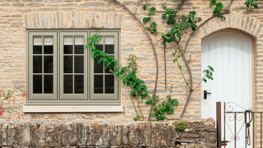 Beige PVC flush casement windows with grid-style glazing set in a rustic stone wall beside a white cottage door with climbing vines