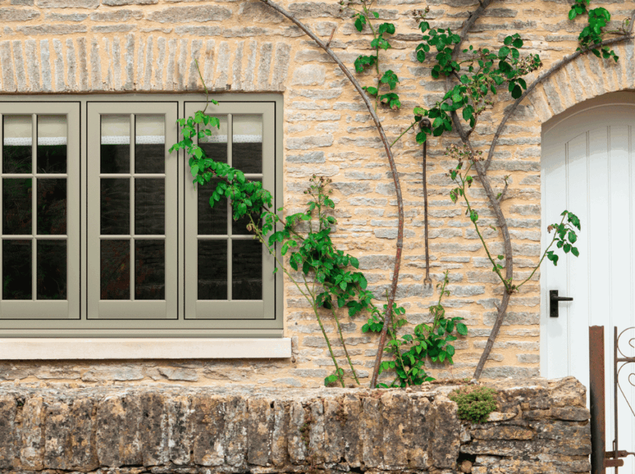 Beige PVC flush casement windows with grid-style glazing set in a rustic stone wall beside a white cottage door with climbing vines