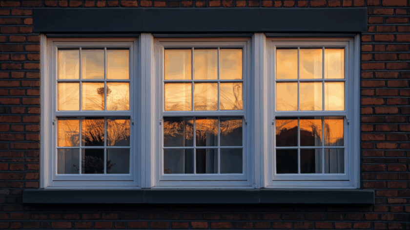 Triple-panel aluminium sash windows with white frames reflecting sunset light, set in a red brick facade