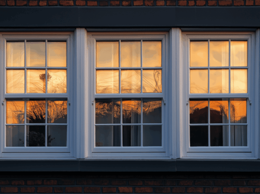 Triple-panel aluminium sash windows with white frames reflecting sunset light, set in a red brick facade