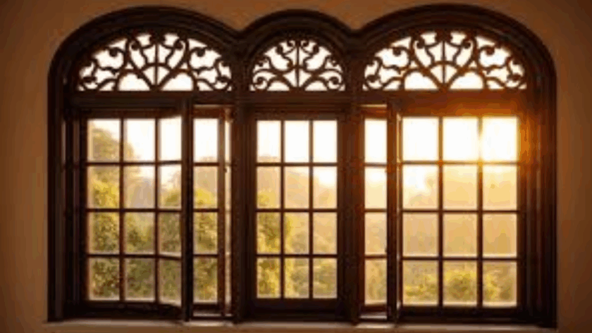 Ornate arched French windows with decorative framing, overlooking a sunlit garden
