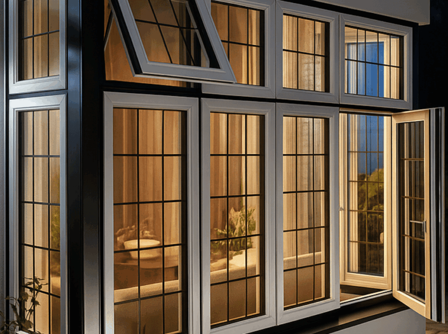 Warmly lit multi-panel awning casement window at dusk, combining top-hinged awnings and side casements with grid panes in a modern black-and-white frame
