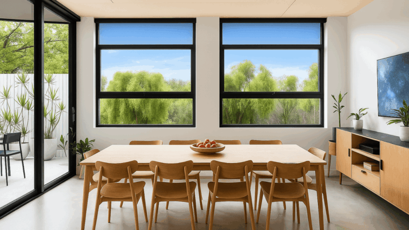 Modern awning windows with black aluminum frames overlooking a bright garden, featured in a minimalist dining room with natural wood furniture