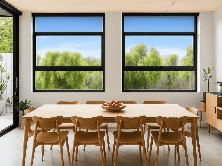 Modern awning windows with black aluminum frames overlooking a bright garden, featured in a minimalist dining room with natural wood furniture