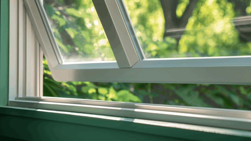 Open basement casement window with white frame and clear insulated glass, surrounded by greenery and soft natural light
