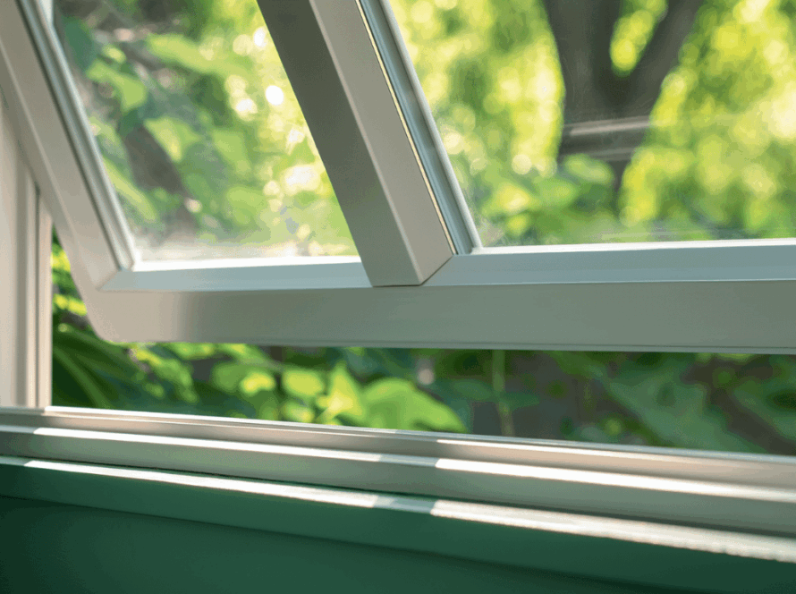 Open basement casement window with white frame and clear insulated glass, surrounded by greenery and soft natural light