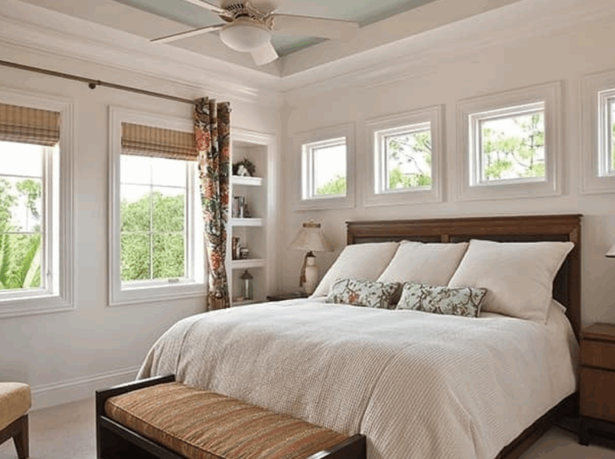 White-frame bedroom casement windows above and beside a bed, bringing in natural light and greenery