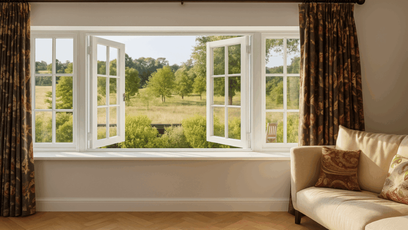 Bright white French casement windows opened outward from a cozy living room, offering a panoramic view of a green summer landscape