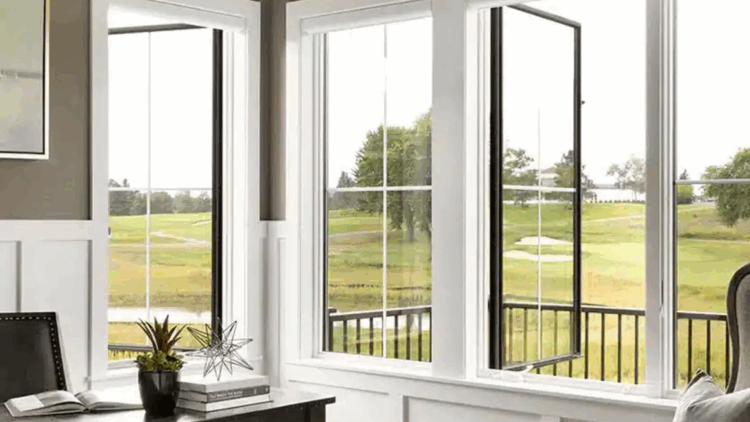 White casement picture window combination with wide fixed center pane and operable side windows overlooking a golf course