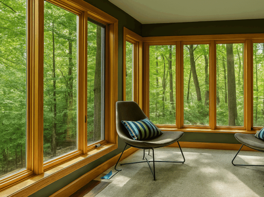 Panoramic forest view through large awning casement windows in a modern reading nook with wood frames and cozy chairs