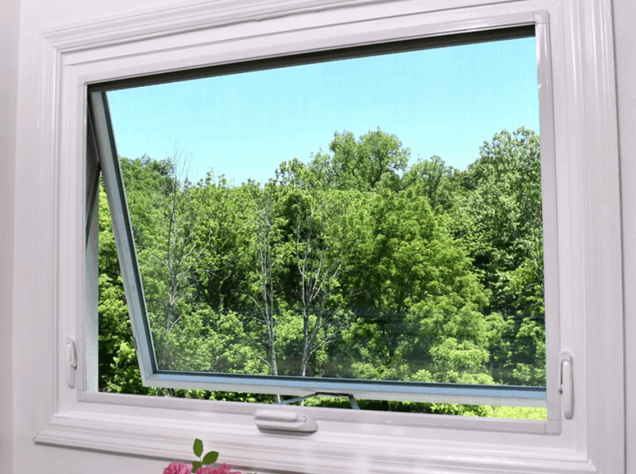 Open white casement window providing fresh air and scenic views of green trees
