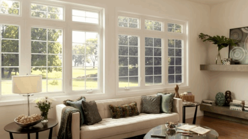 White casement windows with decorative grids, enhancing a bright, elegant living room interior overlooking lush greenery