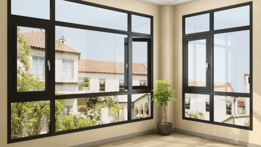 Black aluminum crank out windows with slim frames in a modern room, providing a view of a Mediterranean-style house with red tile roof and lush greenery