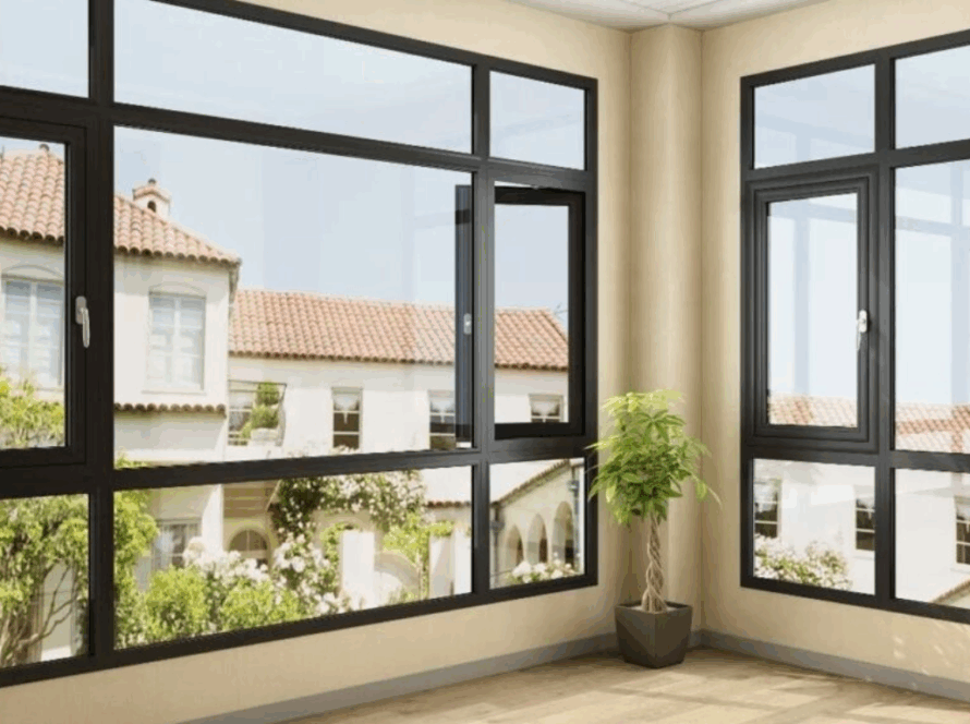 Black aluminum crank out windows with slim frames in a modern room, providing a view of a Mediterranean-style house with red tile roof and lush greenery