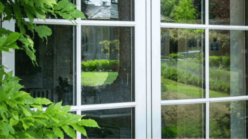 Close-up of white flush casement windows reflecting a garden landscape, framed by greenery and natural outdoor light