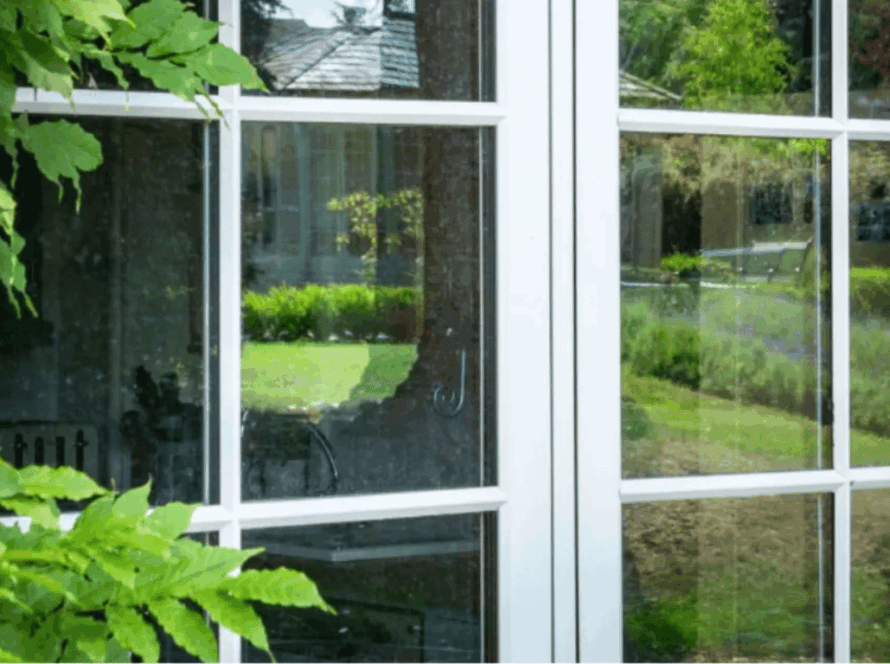 Close-up of white flush casement windows reflecting a garden landscape, framed by greenery and natural outdoor light