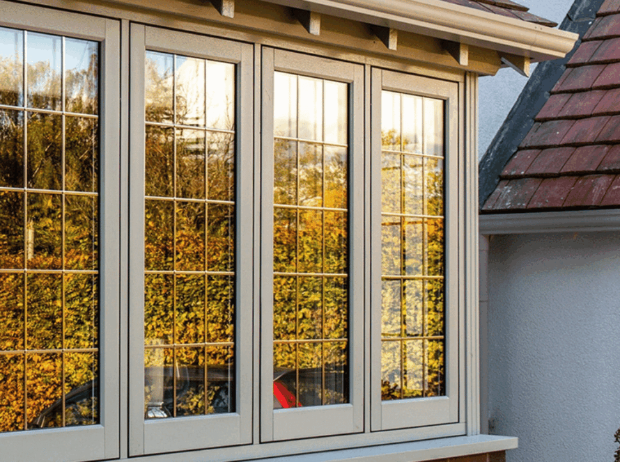 Cream-colored flush uPVC windows with grid detailing reflecting autumn trees, installed in a traditional American home exterior
