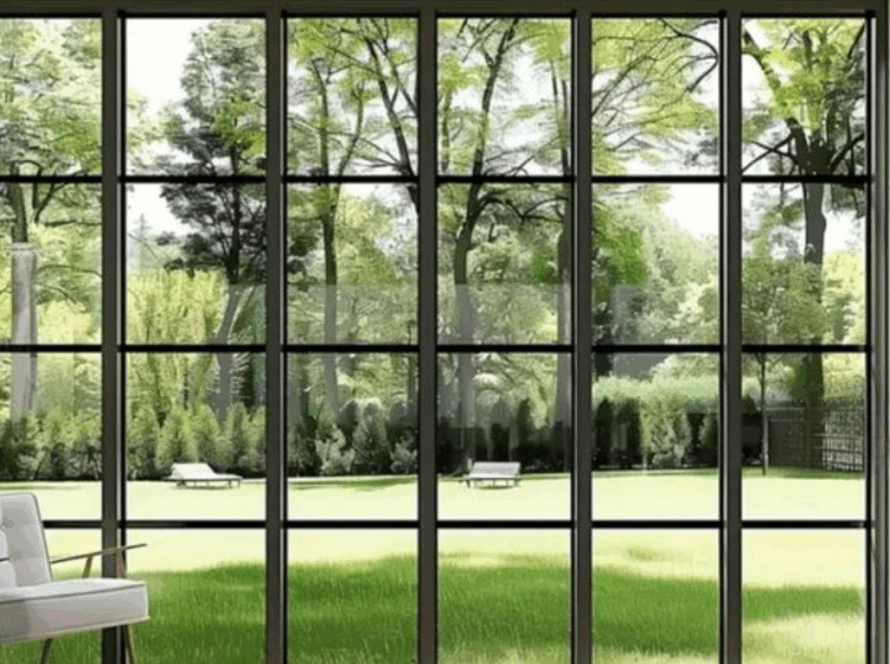 Large black-framed French style windows offering a clear view of a sunlit backyard