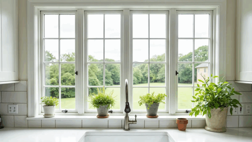 White mullioned casement windows in a kitchen overlooking a green backyard with potted plants on the windowsill
