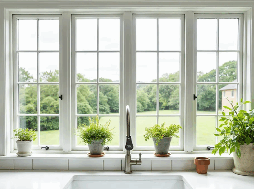 White mullioned casement windows in a kitchen overlooking a green backyard with potted plants on the windowsill