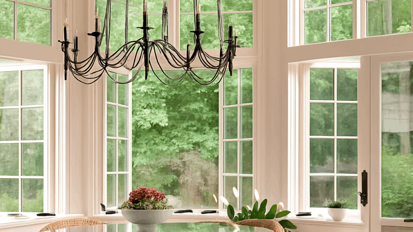 White-framed French casement push out windows surrounding a cozy dining area with a lush green garden view