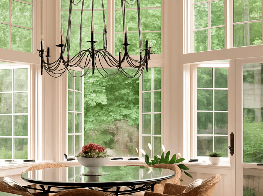 White-framed French casement push out windows surrounding a cozy dining area with a lush green garden view