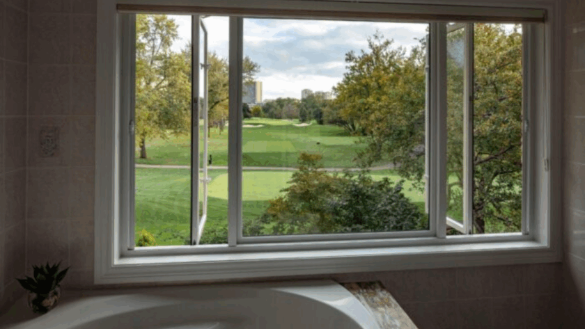 Bathroom window open to a green golf course view with a modern slider replacing the original casement window
