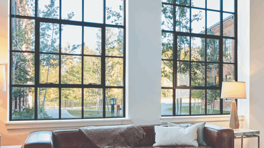 Black steel casement windows with grid pattern in a living room, offering a clear view of trees and buildings outside, paired with a leather sofa and lamp