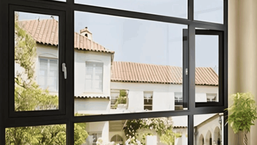 Modern black-frame aluminum swinging windows partially open, showing a Mediterranean-style house with terracotta roof tiles in the reflection